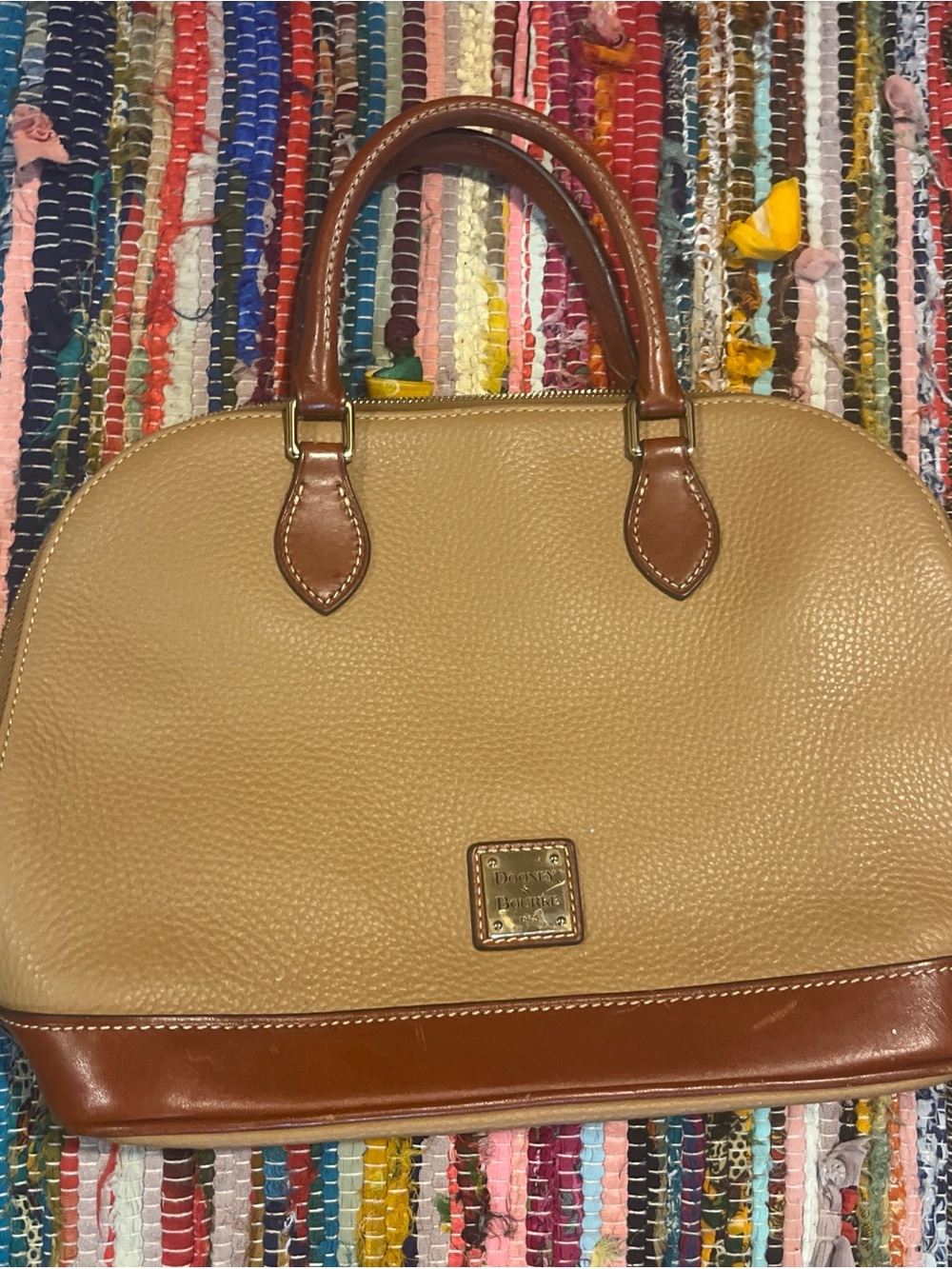 Dooney & Bourke Beige Pebble Leather Satchel with Brown Trim
